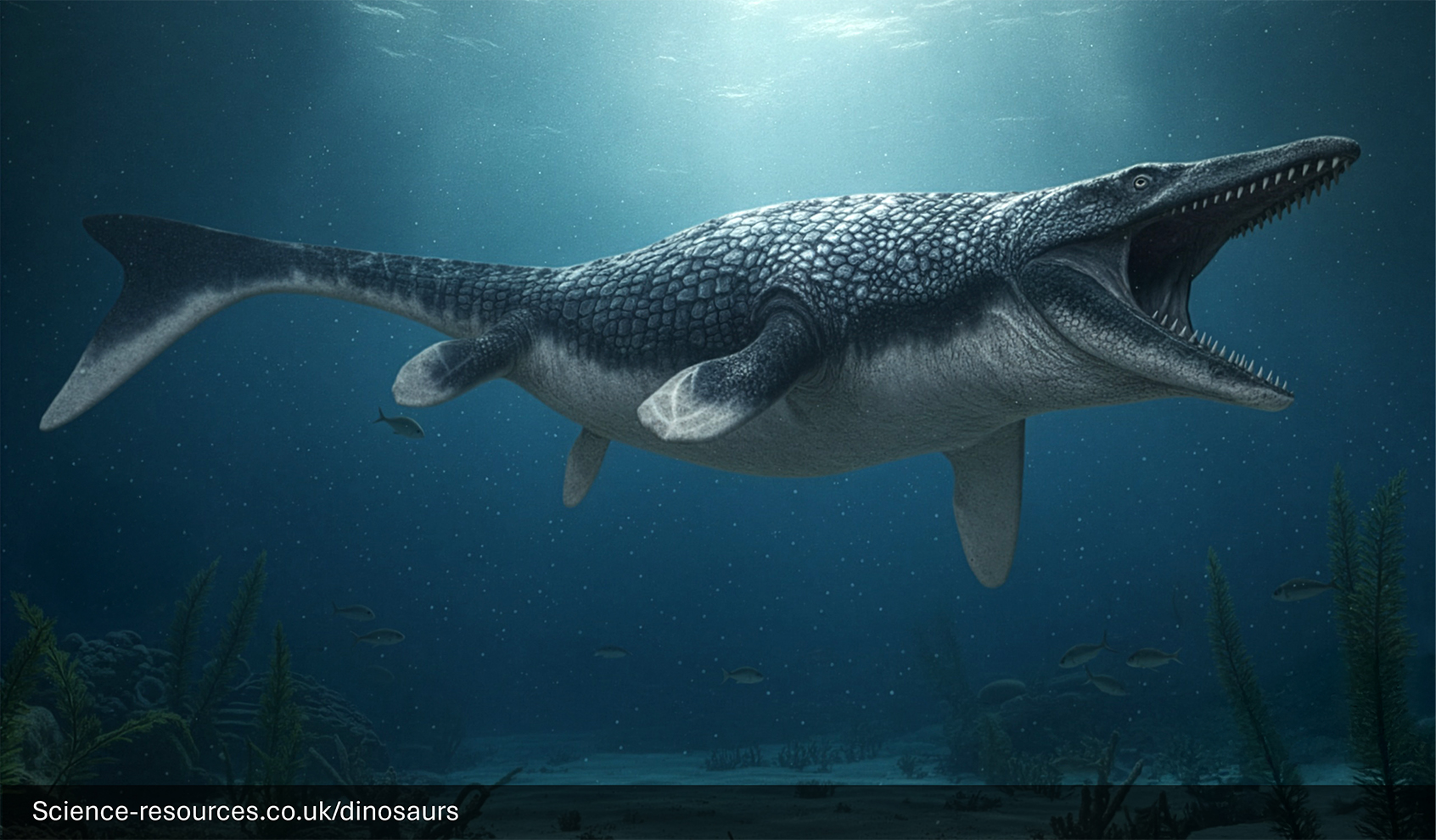 A menacing, photorealistic computer-generated image of a Mosasaurus swimming just below the ocean's surface. The giant marine reptile has a textured, scaly body that is dark blue-gray on top and pale white underneath. Its mouth is wide open, revealing rows of long, dagger-like teeth. Bright rays of sunlight stream down from the rippling water surface onto the creature and the dark seabed below.