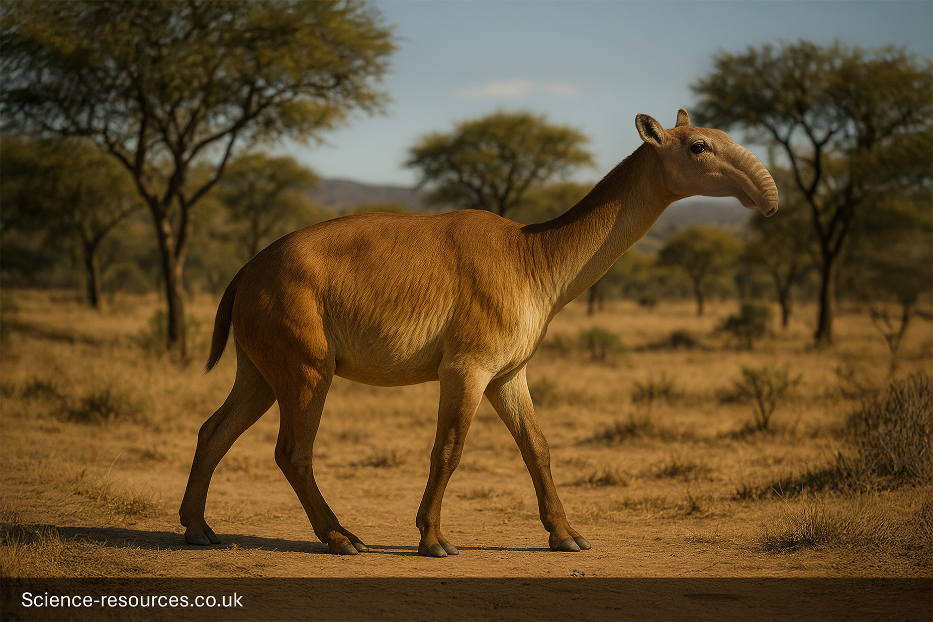 A menacing, photorealistic computer-generated image of the Ice Age Macrauchenia.