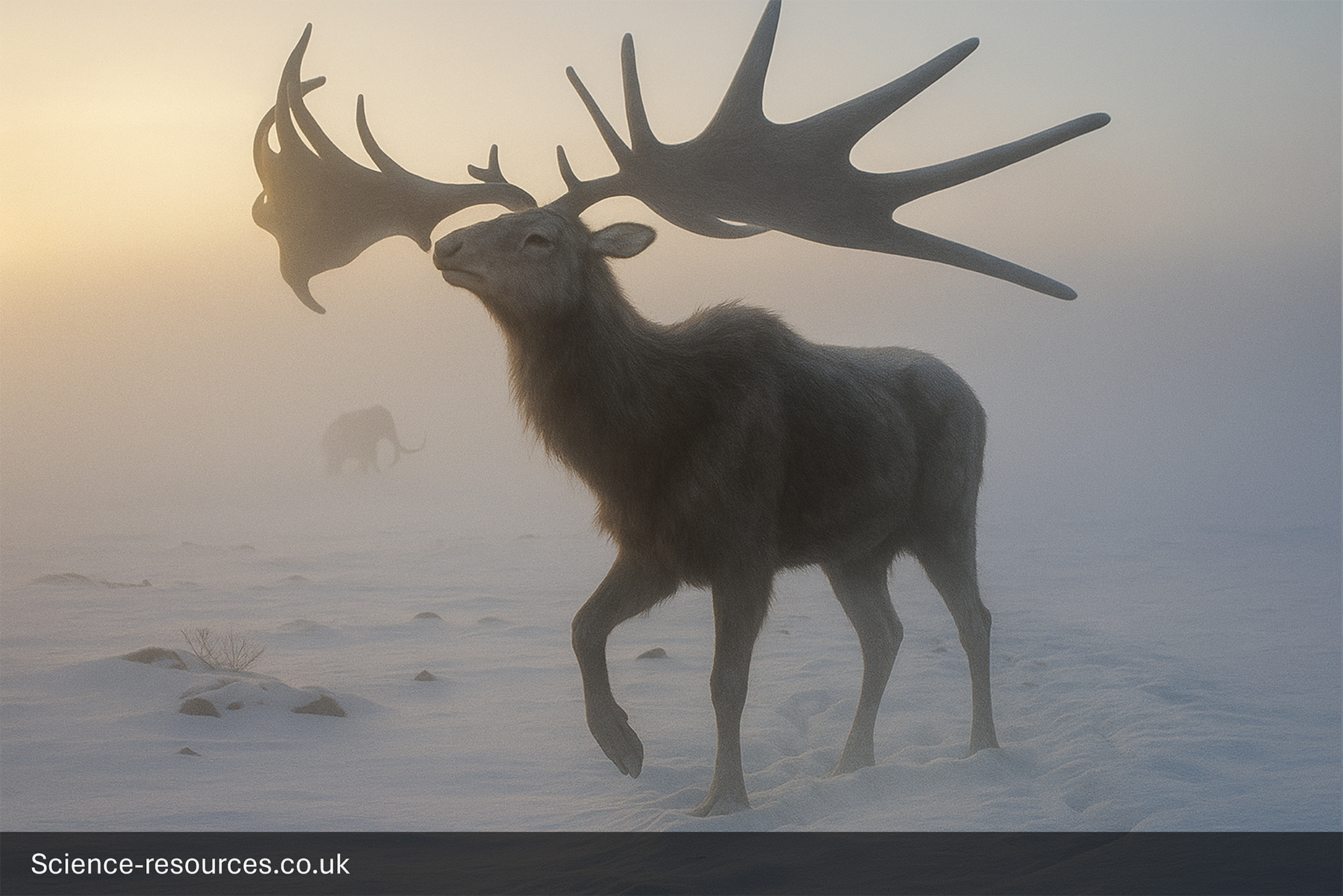A menacing, photorealistic computer-generated image of the Ice Age Megaloceros.